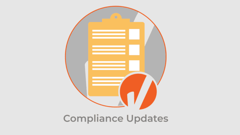 complianceupdates-16-9 graphic with a yellow clipboard inside a circle and a badge that is a checkmark