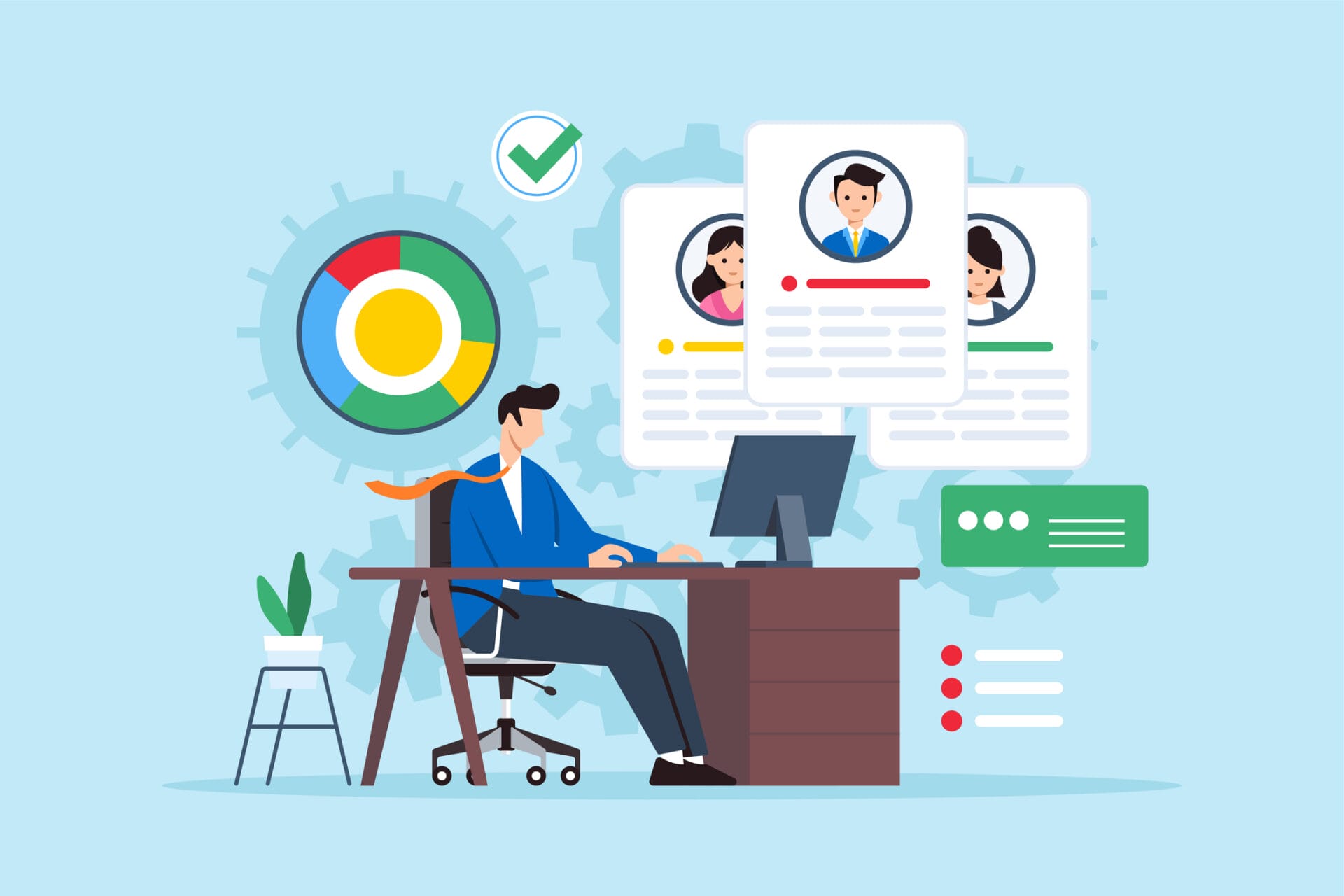 Optimizing use of business resources, maximizing efficiency, management concept vector illustration. Analyst on desk planning and analyzing resource allocation